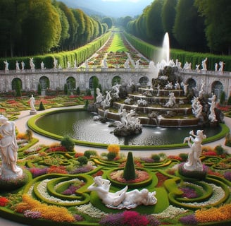 a garden with a fountain and statues in the middle of it