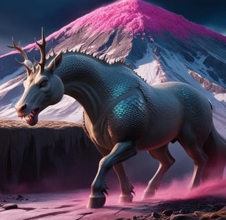 a unicorn unicorn in a mountain landscape with a mountain in the background