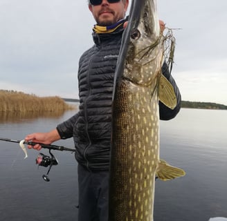 En man har precis fångat en stor gädda i Sverige tack vare Fishing Escape Sweden, han är på en båt.