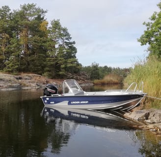 fishing escape sweden a un bateau "linder arkip" sur un lac en suède. il y a des pins, des rochers.