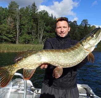 En fiskare är på en båt på en svensk sjö, han fångade en gädda i Sverige .