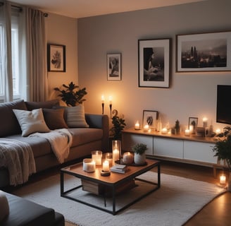 A collection of handcrafted items on a table including wooden candle holders, lamps with gray textured shades, and decorative bowls. A woven leather bag is visible on the right, while various materials and tools can be seen in the background.