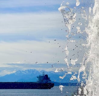 A fountain in front of a cargo ship in the Puget Sound with mountains in the background