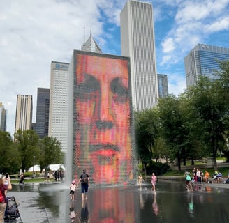 Crown fountain, a large rectangular screen with a persons face on it