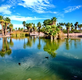 a duck in the water with palm trees in the background