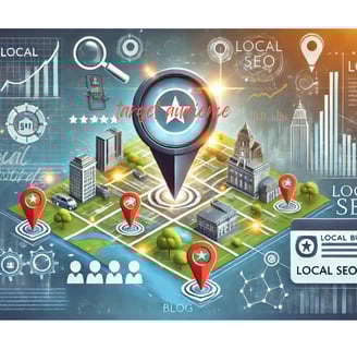 a digital map with location pins, a magnifying glass highlighting a specific local business