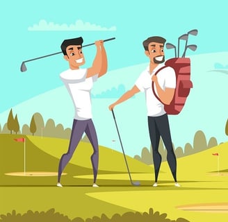 Golfer putts, another watches with competitive smile and scorecard, showing group play rivalry