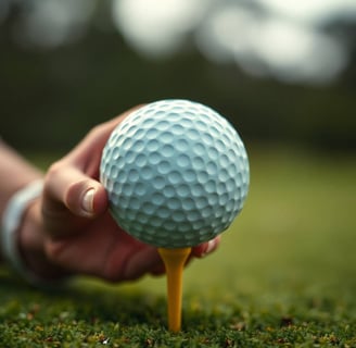 A hand carefully placing a golf ball on a tee. Golfing, golf course, sports, sports equipment.