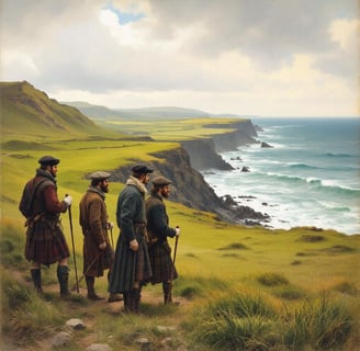 Scottish golfers in kilts hiking coastal cliffs with ocean views, capturing golf's historic roots.