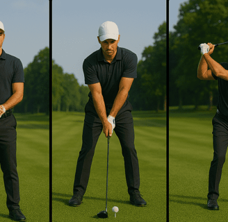 Golfer checks swing on tablet, clubs nearby, highlighting solo play's technical focus