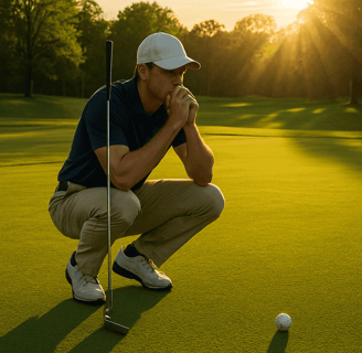 Golfer takes deep breath before putt at sunset, showing mental focus on green