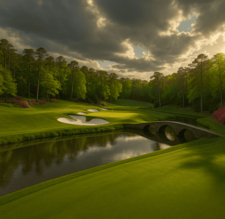 Panoramic view of Augusta National 12th hole with Rae’s Creek and dramatic lighting.