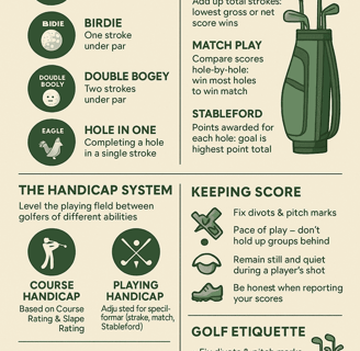 Golf scoring terms, handicap system, and etiquette guide for beginners in one infographic