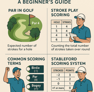 Golf scoring beginner's guide infographic showing par, stroke play, Stableford & scoring terms