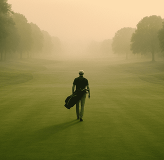 Golfer walks alone on scenic path, bag in hand, cart in distance, highlighting solo golf's calm pace