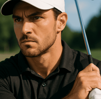 Focused golfer holds club, blurred course behind, showing solo golf's concentration benefits