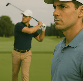 Golfer watches another's long drive, looking inspired, showing group play's motivational rivalry