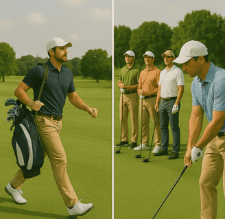 Split image: solo golfer walks fast to next hole; group waits on tee, showing pace differences.