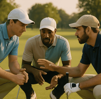 Golfers huddle on fairway, plan scramble shot, illustrating group golf's teamwork.