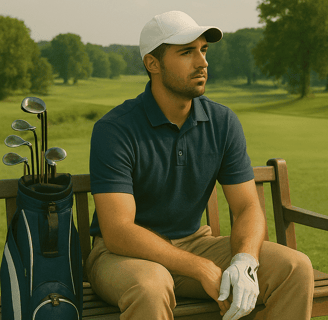 Golfer sits on bench, gazes at peaceful course, highlighting solo golf's reflective nature