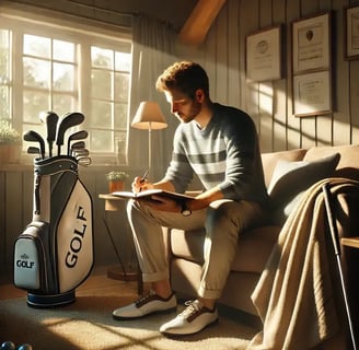 Golfer on tee box holds driver and iron, pondering club choice, showing solo strategy testing