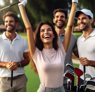 Experienced golfer teaches swing to younger player on range, showing group golf mentorship