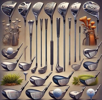 A detailed illustration of different types of golf clubs, including drivers, woods, irons, and wedge