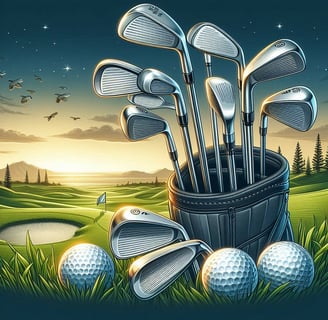 "Golf clubs arranged in a bag, with golf balls scattered on a lush golf course. A vibrant sunset i