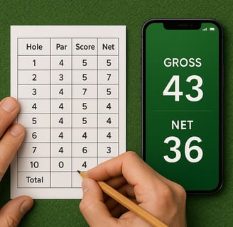 Golfer fills out golf scorecard beside smartphone showing gross and net scores