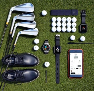 Modern golf gear flat lay with clubs, balls, shoes, GPS watch, and scoring app on turf