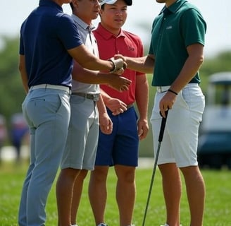 Diverse golfers laugh on green, one points at something amusing, capturing group golf's joy