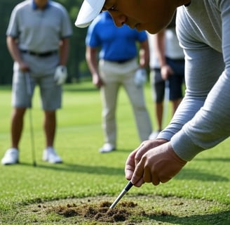 Golfer repairing divot on green as others observe, demonstrating proper golf etiquette and care.