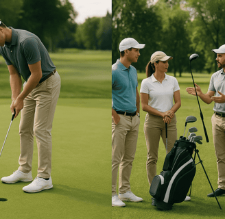 Split image: solo golfer practices putting; group strategizes, showing skill growth differences.