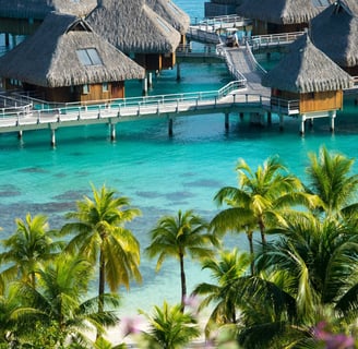 a beach resort with a pier and palm trees at Conrad Bora Bora Nui in Bora Bora