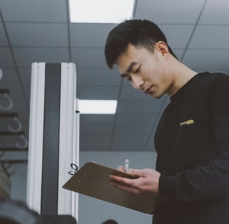 a man in a black shirt is holding a clipboard