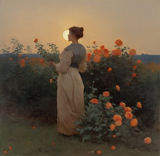 digital oil painting of a woman in front of a coral rose bush at dawn hour