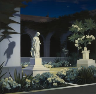 digital oil painting of a moonlit statue in a garden at night