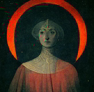 digital oil painting of a woman's face in a circle of red, primary colours red and blue