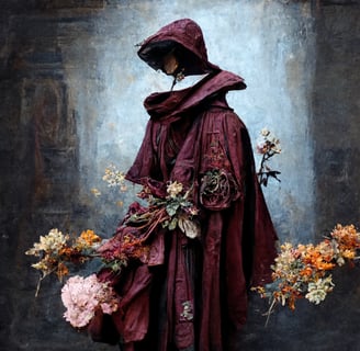 digital oil painting of a cloaked figure with no physical presence in burgundy tones, with flowers