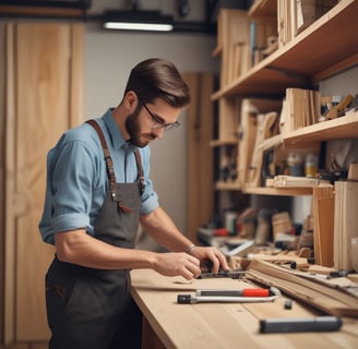 A person is engaged in woodworking, sitting cross-legged on the floor surrounded by wood shavings. They are carving a piece of wood using a chisel and a mallet. There are various tools and materials scattered around, including a knife and a block of wood.