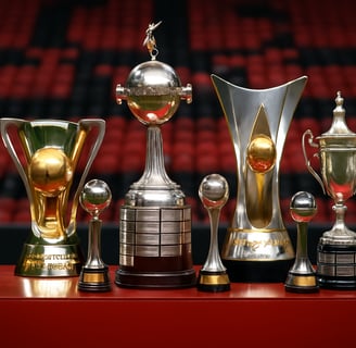 Vários troféus de futebol expostos lado a lado sobre uma base vermelha, representando conquistas imp