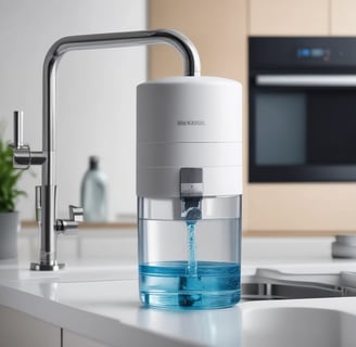 An open kitchen cabinet reveals a water filtration or purification system installed inside. The space is well-lit and minimalistic with a modern faucet visible on the counter above.