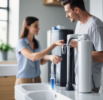 A laboratory setting featuring advanced water purification equipment and storage cabinets. The lab is clean and organized with several machines on a black countertop. There are large storage units in the background.