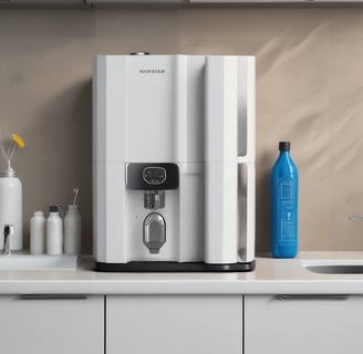 A laboratory setting featuring a water purification system with the brand name Rephile displayed on it. The setup includes a control unit with a digital display screen and an attached dispenser with a control panel. The background shows lab shelves and equipment, indicating a clean, sterile environment.