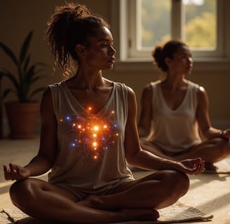 practitioner meditating with student with galaxy in chest grow my soul