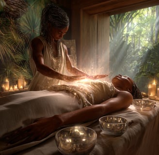 Practitioner performing energy work (Reiki) on client on table with glowing hands and singing bowls grow my soul
