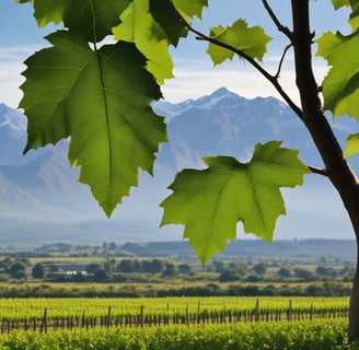 Several grape leaves are visible, with one prominently in the center showing a striking color transition from green to reddish-brown. Detailed veins can be seen on the leaves. A small grass or plant is seen in the foreground, and there is some dirt or soil visible in the background.