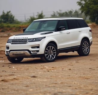 a white range rover parked in a dirt road