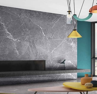 a living room with a fireplace and a large window