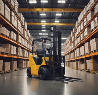 A yellow forklift in a large warehouse